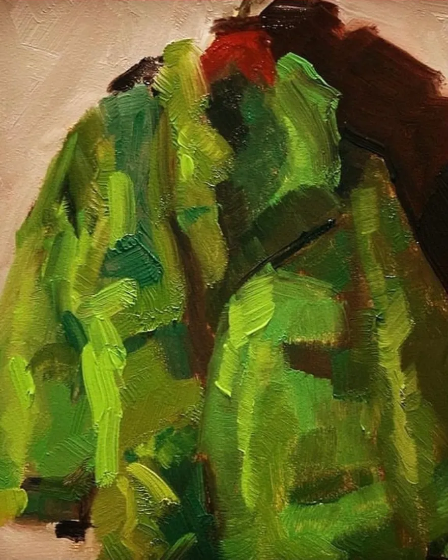 Detail: loose green brushwork of a jacket